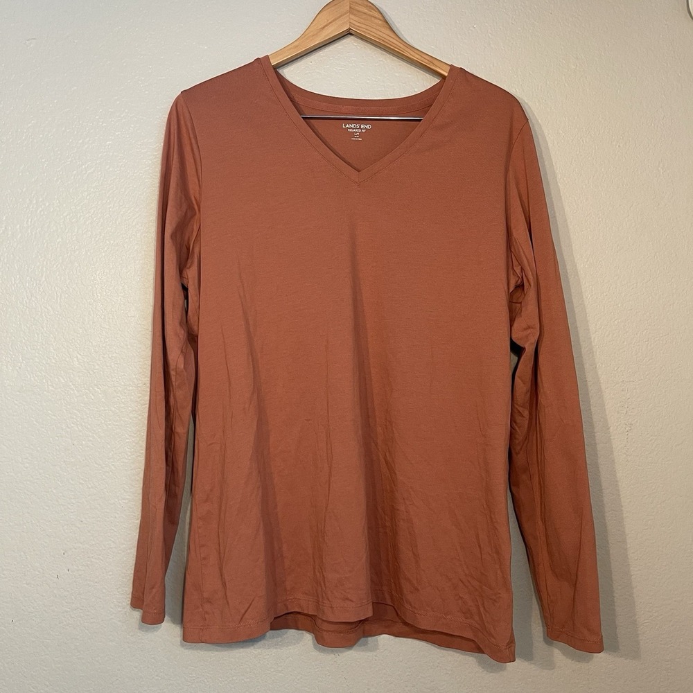Lands End Relaxed Fit Womens Large Rust Supima Cotton Long Sleeve V-Neck Shirt